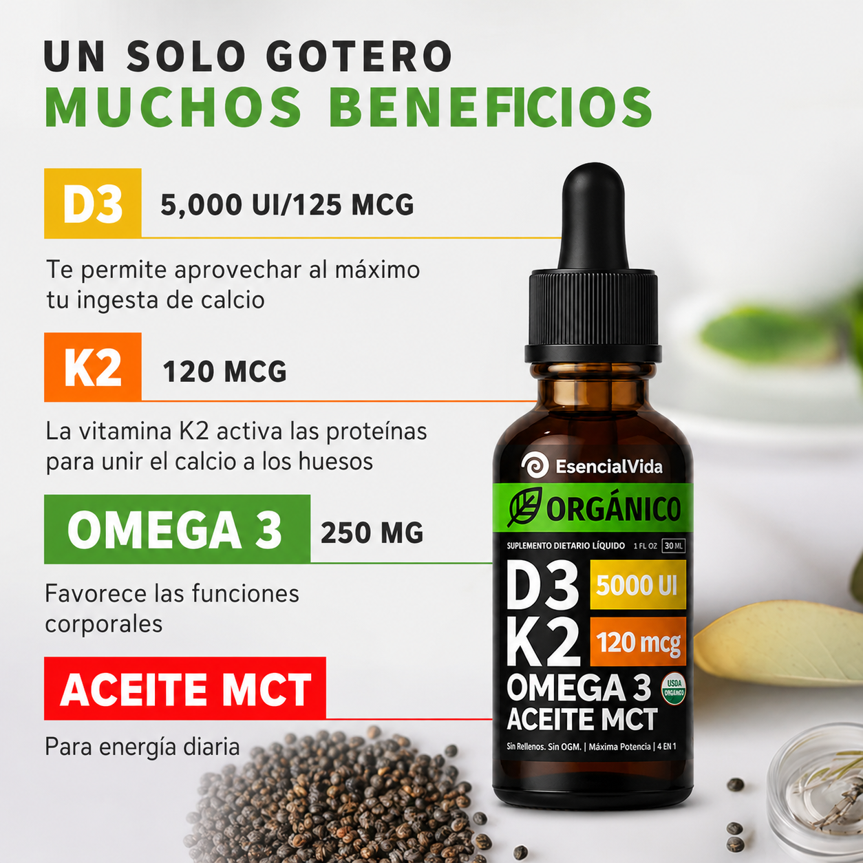 D3 + K2 Gotas — Refuerza Huesos e Inmunidad · Esencial Vida
